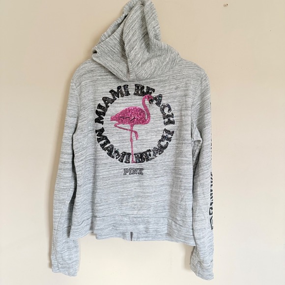 PINK Victoria's Secret Tops - PINK Victoria's Secret Flamingo Miami Beach Sequin Full Zip Hoodie Large Y2K